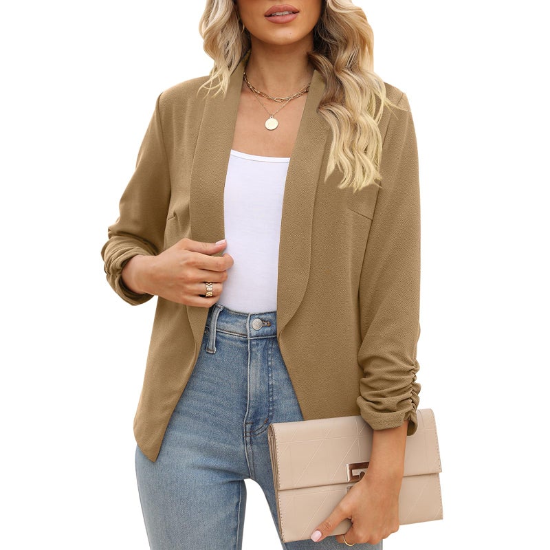 POGTMM Blaser sacos de Mujer Blazer 3/4 Sleeve Camel Colored Blazer for Women (Khaki, M) - Image 1
